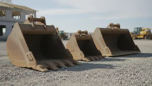 Excavator bucket types displayed on construction site including digging and rock buckets for heavy equipment use