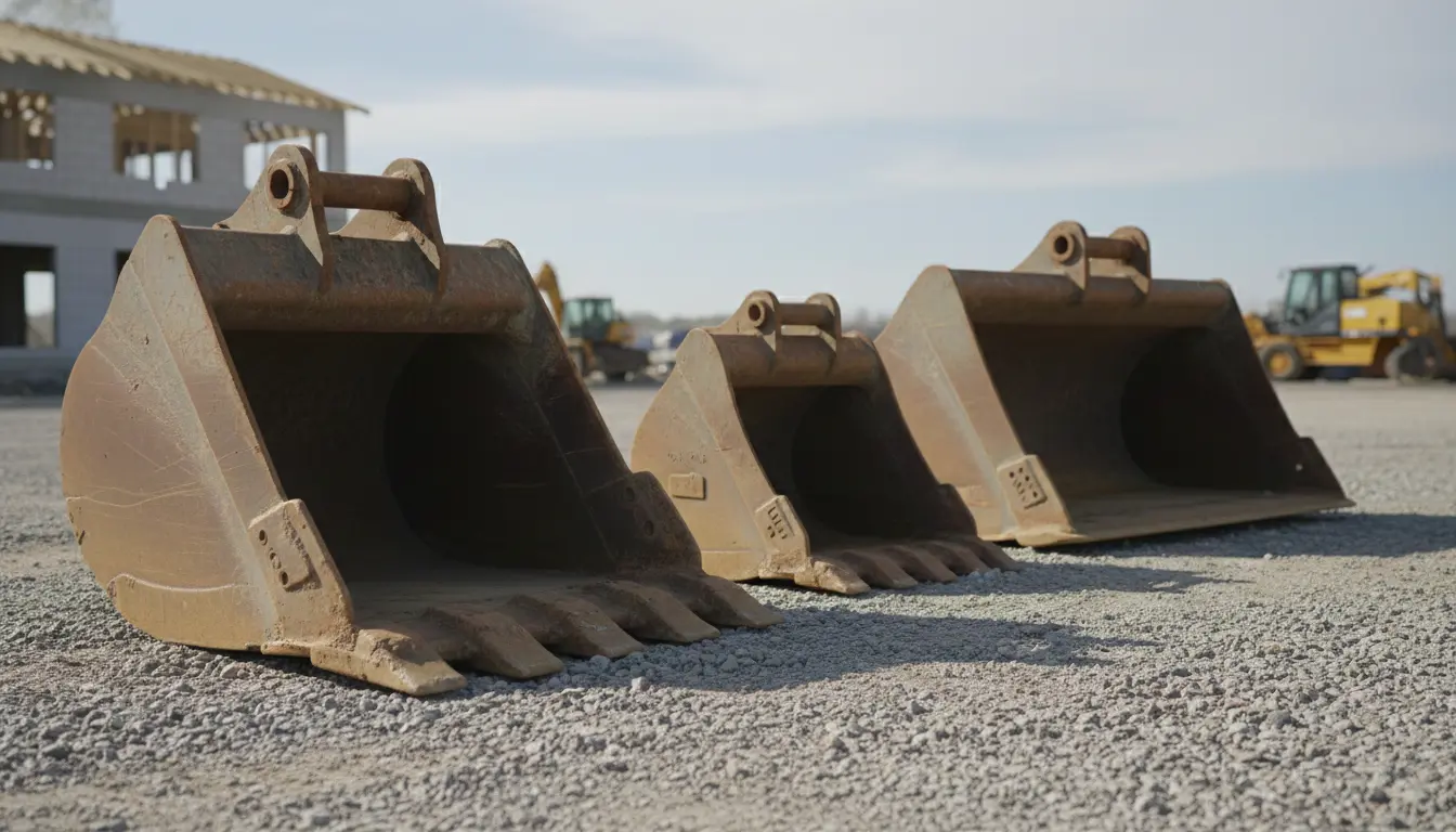 Excavator bucket types displayed on construction site including digging and rock buckets for heavy equipment use