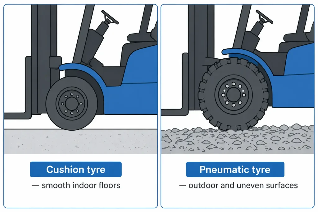 Forklift tyre types: cushion tyre indoor vs pneumatic tyre outdoor on uneven surfaces diagram
