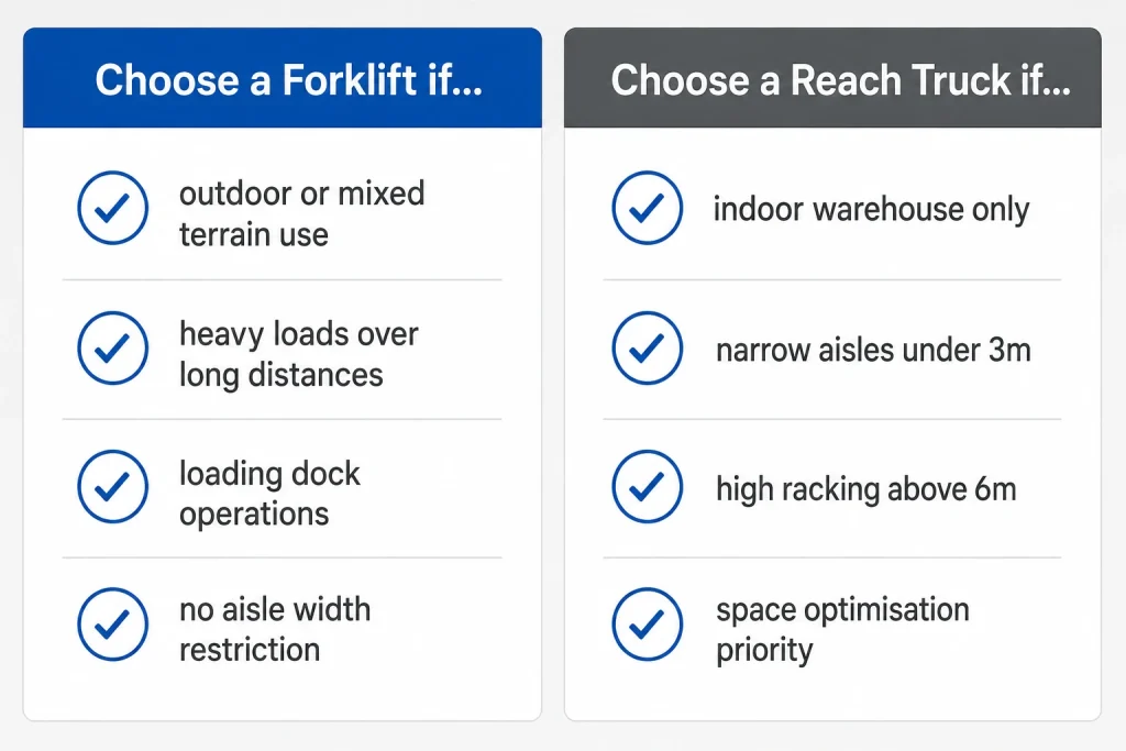 Warehouse layout comparison showing reach truck narrow aisles vs counterbalance forklift wide aisles