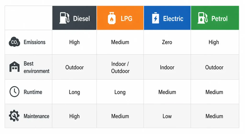 Forklift fuel comparison table: diesel, LPG, electric, petrol emissions, runtime, maintenance
