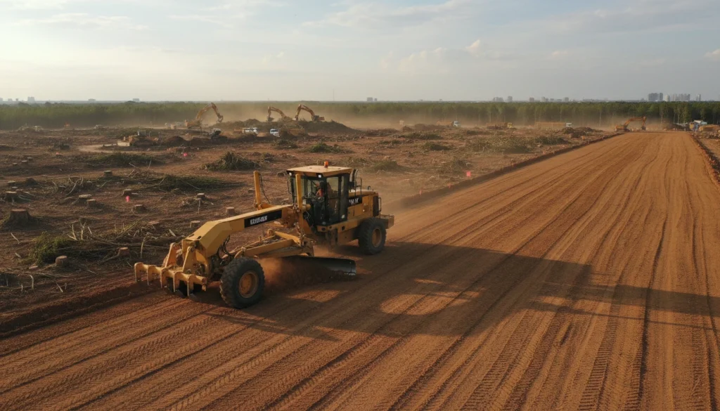 Grading and leveling construction site with motor grader to ensure proper drainage and stable ground surface.