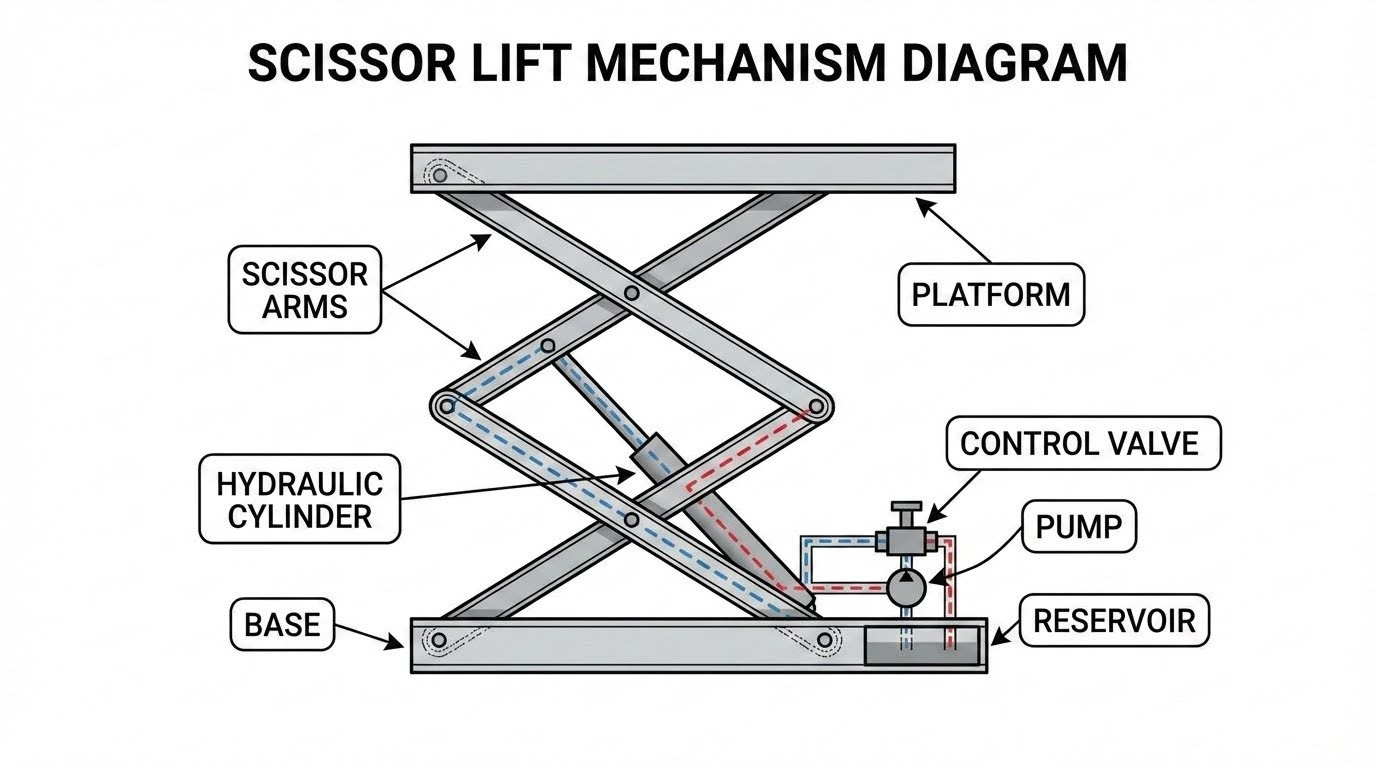 Scissor lift mechanism diagram showing hydraulic system, scissor arms, platform, and base components.