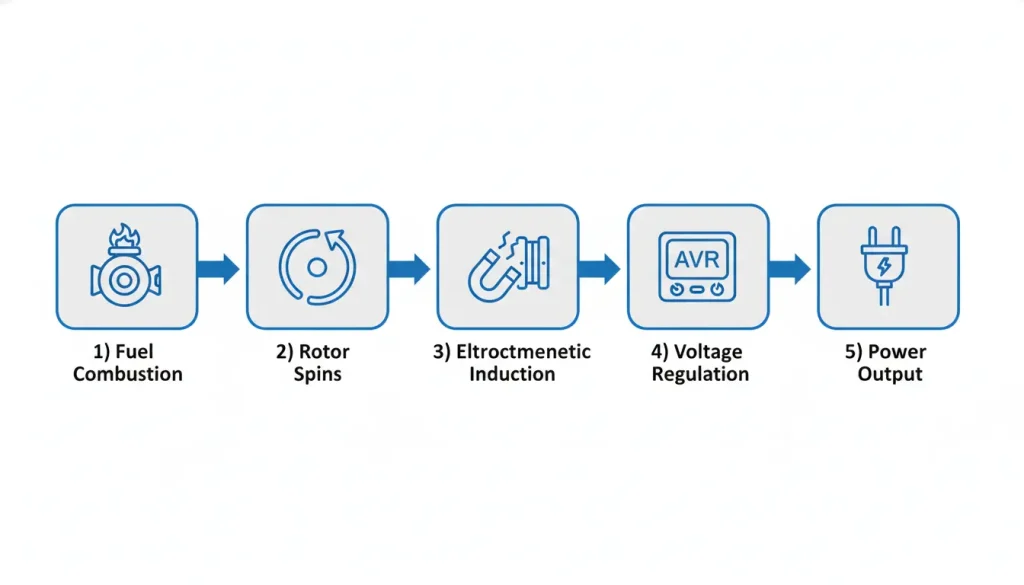 Generator working process diagram showing fuel combustion, rotor spin, electromagnetic induction, and power output.