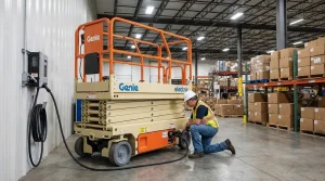 Technician charging scissor lift battery in warehouse using proper equipment for safe and efficient operation.