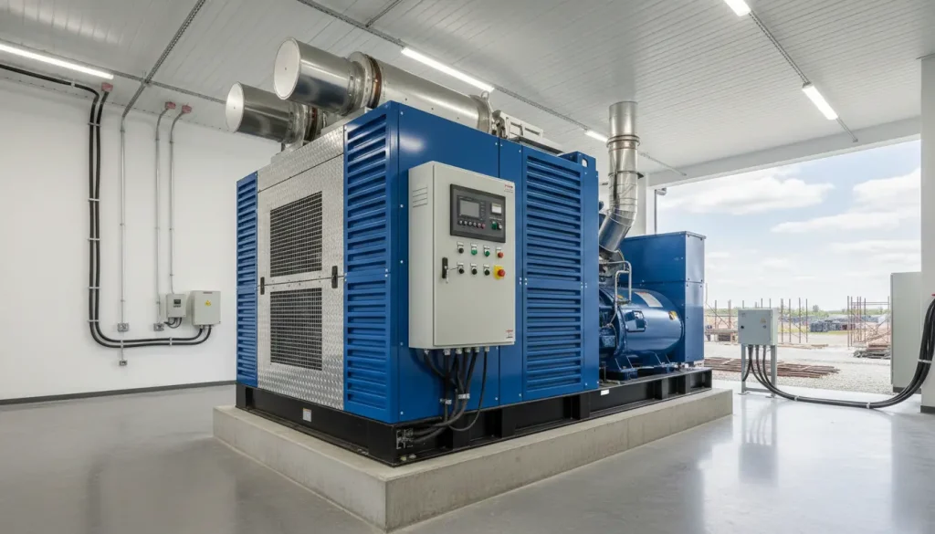 Industrial diesel generator producing electricity for backup power and construction power supply systems.