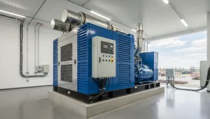 Industrial diesel generator producing electricity for backup power and construction power supply systems.