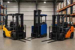 Forklift types in warehouse: diesel, electric reach truck, LPG counterbalance forklifts side by side