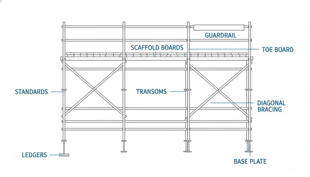 Scaffold structure components diagram showing standards, ledgers, transoms, guardrails, and base plates in construction.