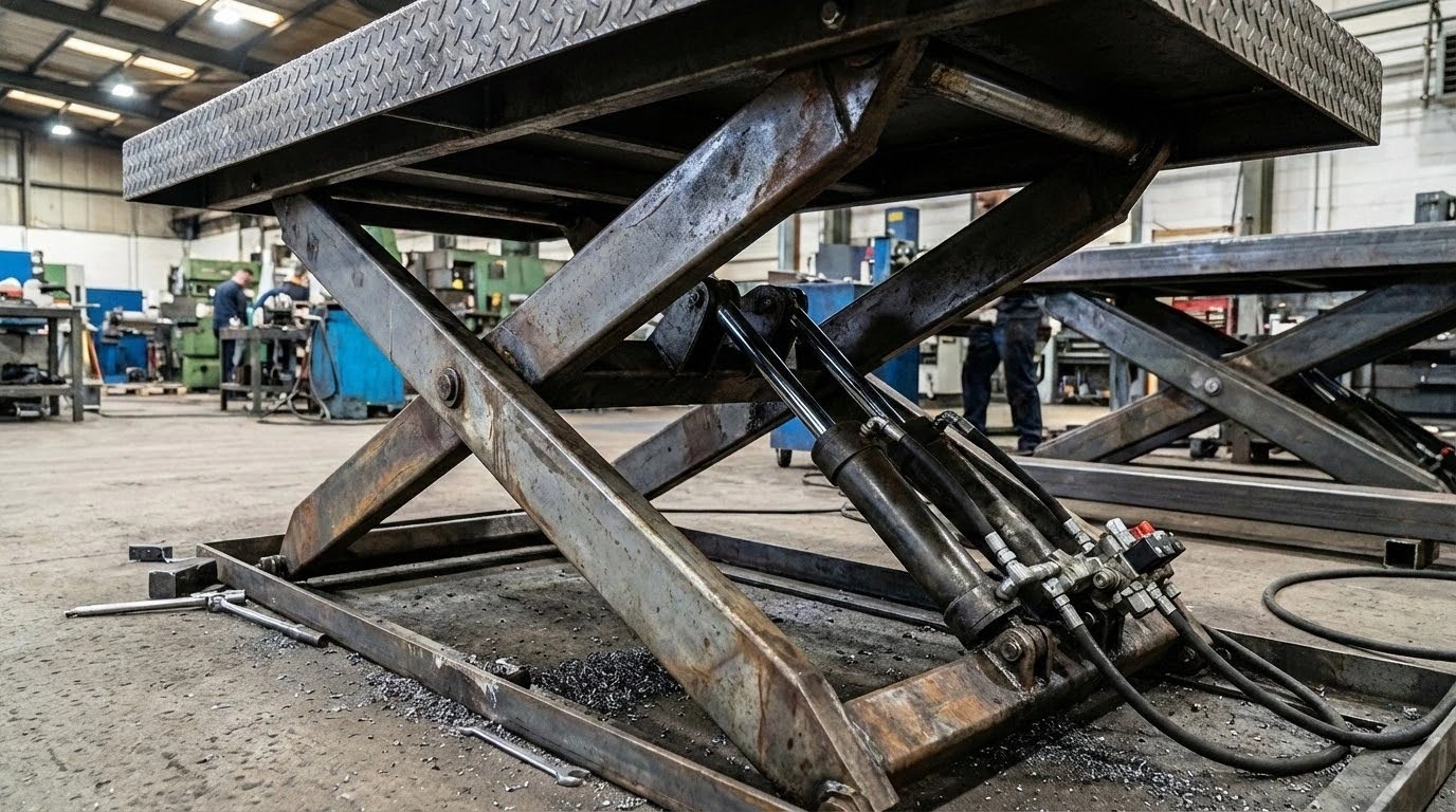 Scissor lift mechanism components including scissor arms and hydraulic system in industrial workshop.