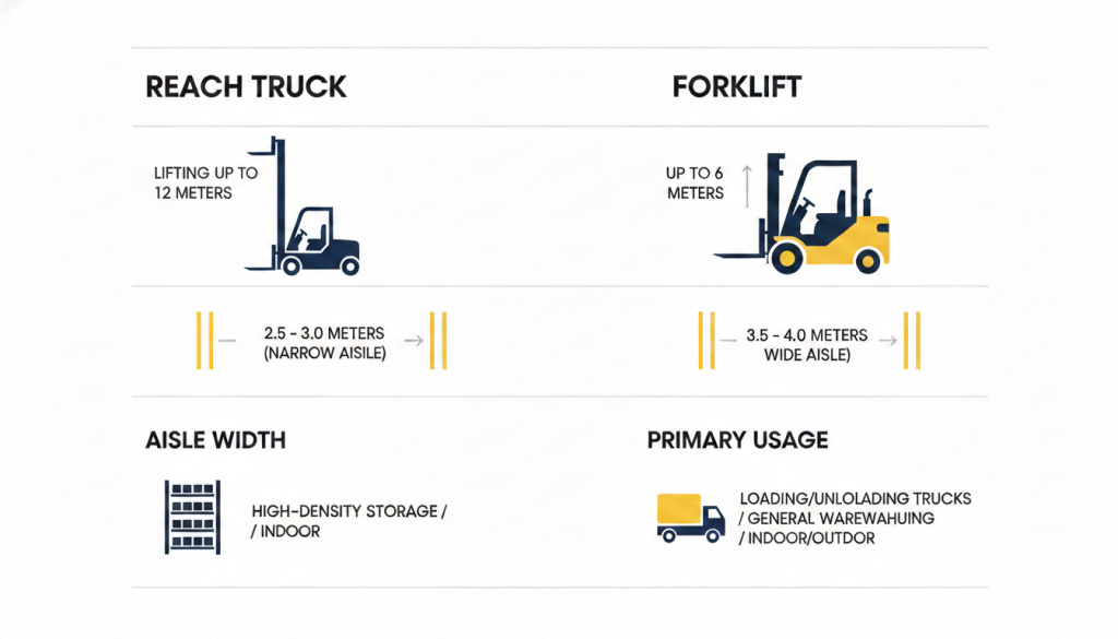 Reach truck vs forklift comparison showing lifting height, aisle width, and usage differences in warehouse.
