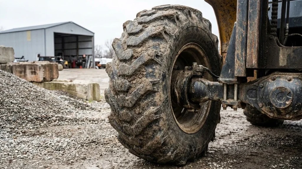 Rough terrain forklift large pneumatic tires for better traction on muddy and uneven terrain.