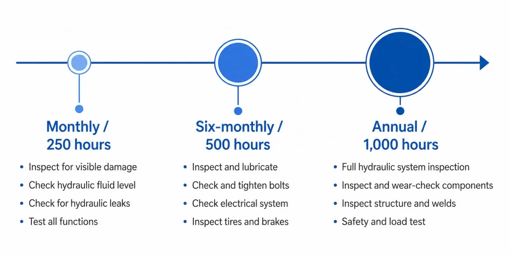Scissor lift maintenance schedule timeline: monthly, 500 hours, annual service intervals