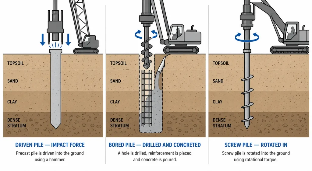 Pile installation methods: driven pile, bored pile, screw pile construction process diagram