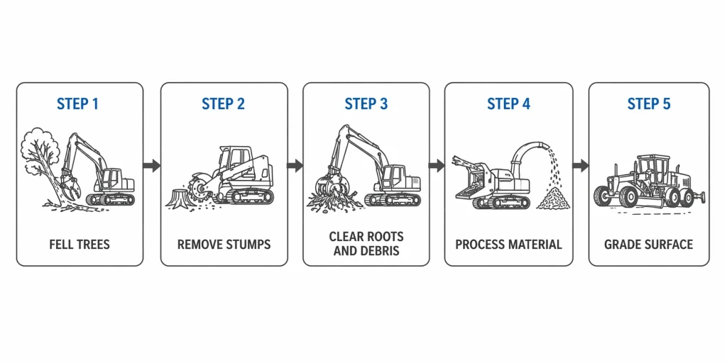 Land clearing process steps: fell trees, remove stumps, clear roots, mulch material, grade surface