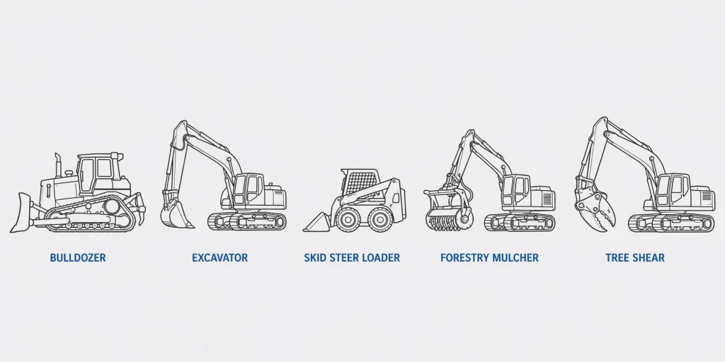 Land clearing machines diagram: bulldozer, excavator, skid steer, forestry mulcher, tree shear