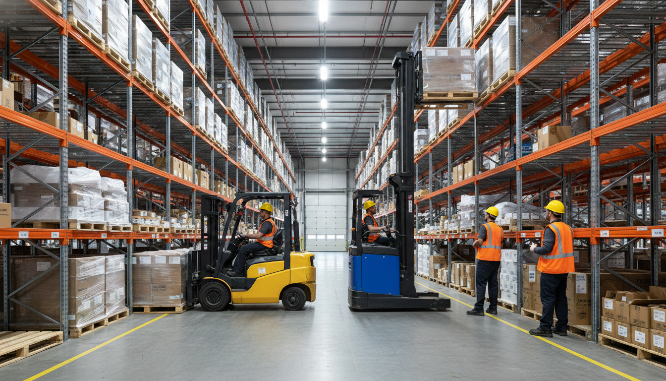 Reach truck vs forklift operating in warehouse aisles for material handling and storage optimization.