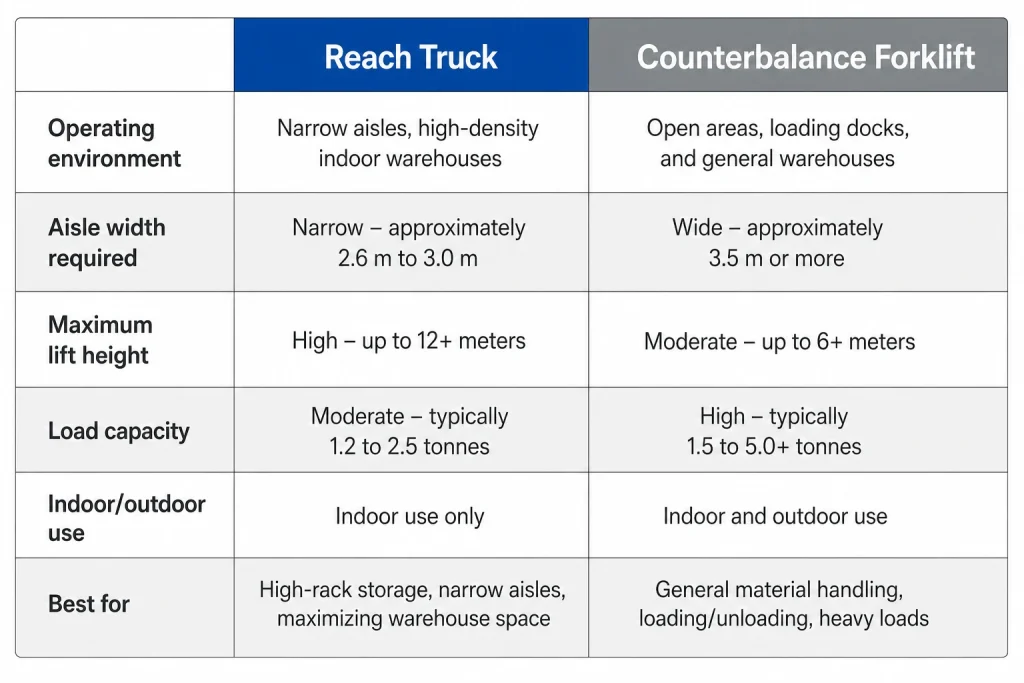 Reach truck vs counterbalance forklift comparison table for aisle width, load capacity and usage