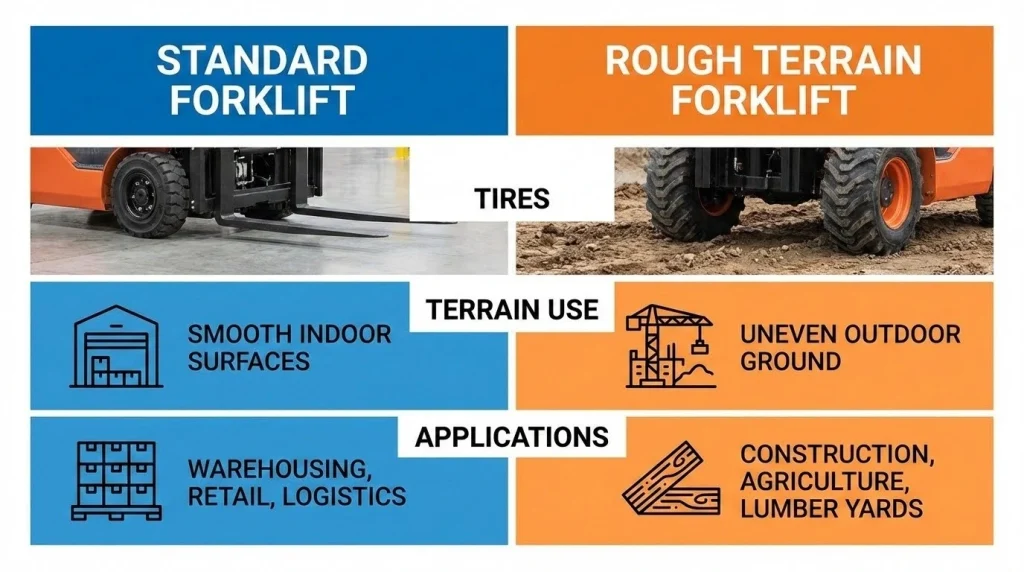 Rough terrain forklift vs standard forklift comparison showing differences in terrain use and applications.