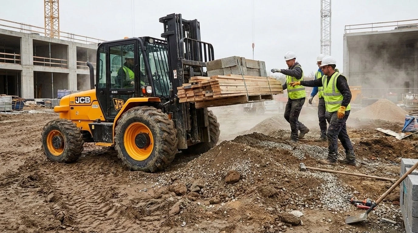Rough terrain forklift lifting heavy materials on construction site with uneven ground and outdoor conditions.