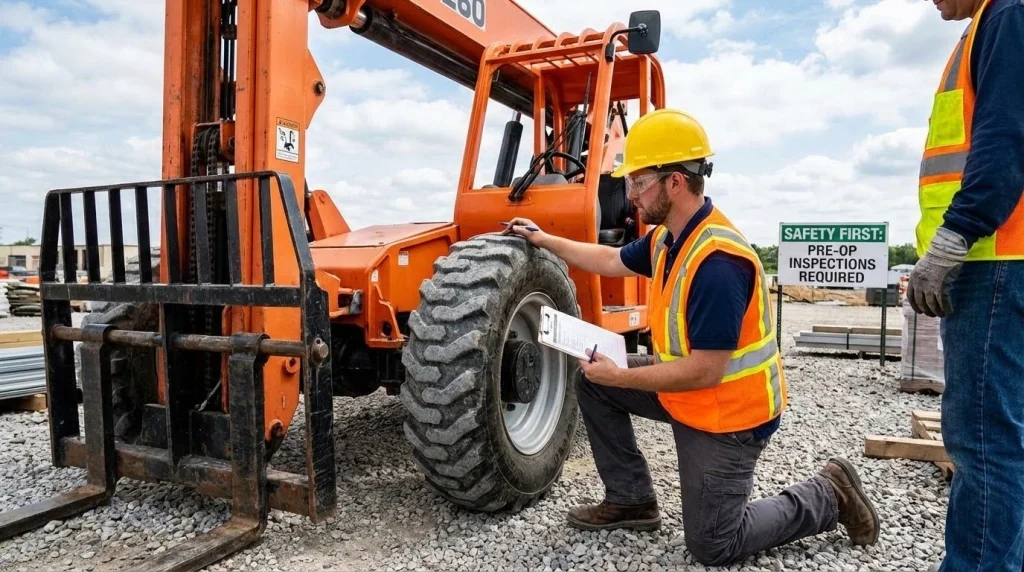 Worker inspecting rough terrain forklift to ensure safety before operating on construction site.