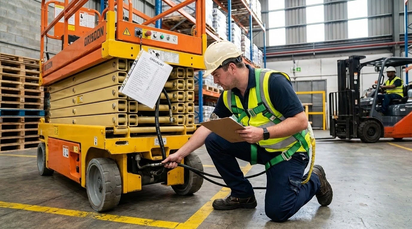 Technician inspecting scissor lift mechanism for safety compliance in warehouse environment.