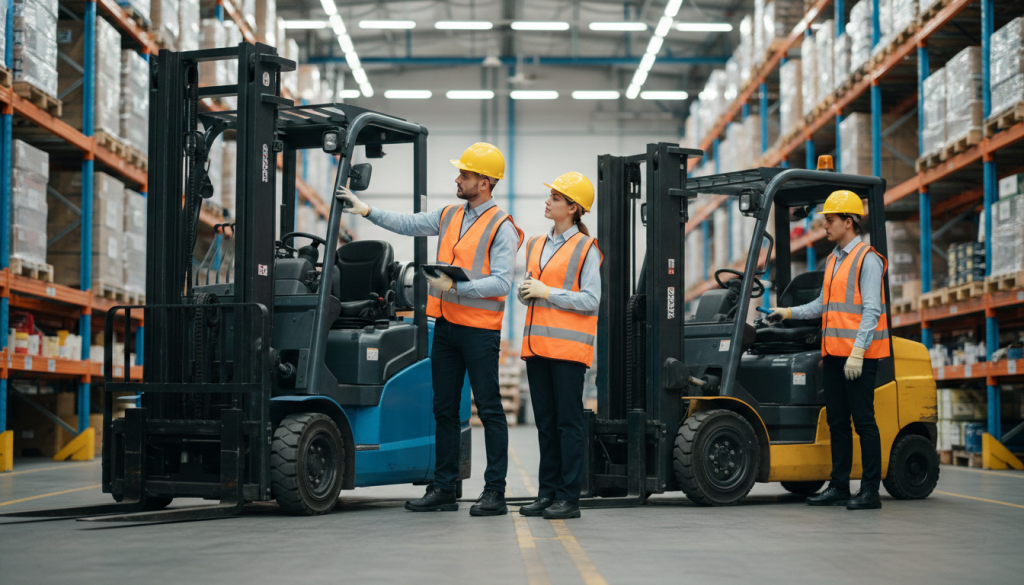 Safety practices for reach truck vs forklift operators in warehouse including inspection and proper handling.