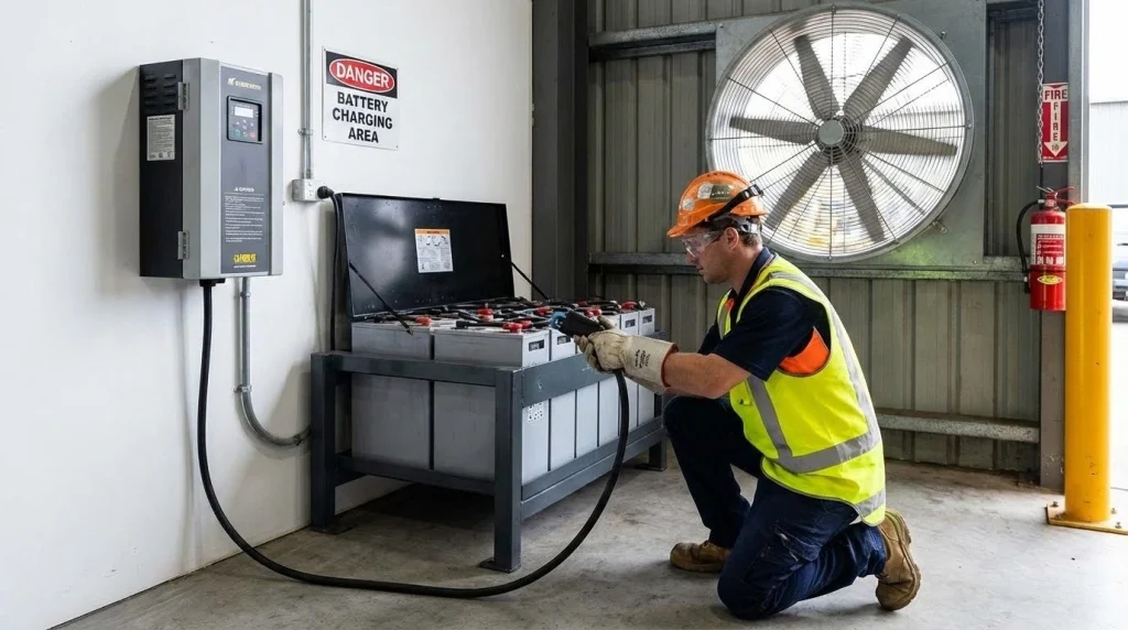 Worker safely charging scissor lift battery wearing PPE in a well-ventilated area to prevent hazards.