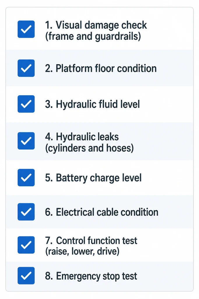 Scissor lift daily inspection checklist: hydraulic, battery, controls, safety pre operation checks
