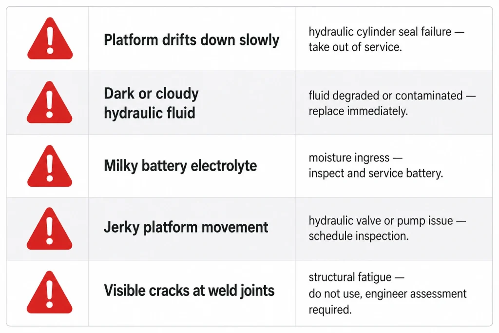 Scissor lift fault signs: hydraulic leaks, jerky movement, cracks, battery issues warning guide
