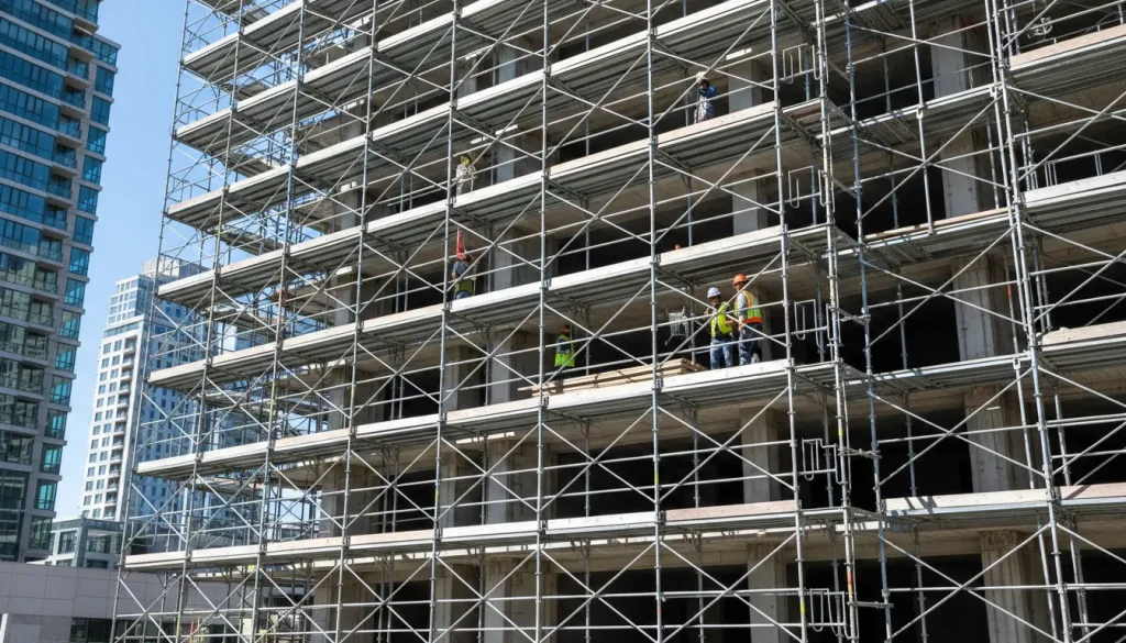 Scaffolding in construction on high-rise building providing safe access for workers performing work at height.