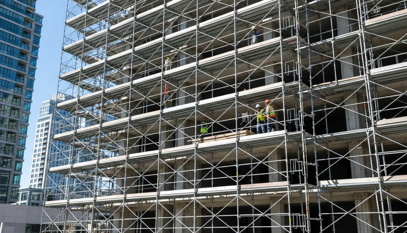 Scaffolding in construction on high-rise building providing safe access for workers performing work at height.