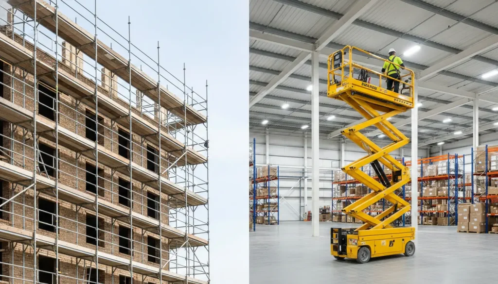 Scaffolding vs powered access equipment comparison showing scaffold structure and scissor lift for working at height.