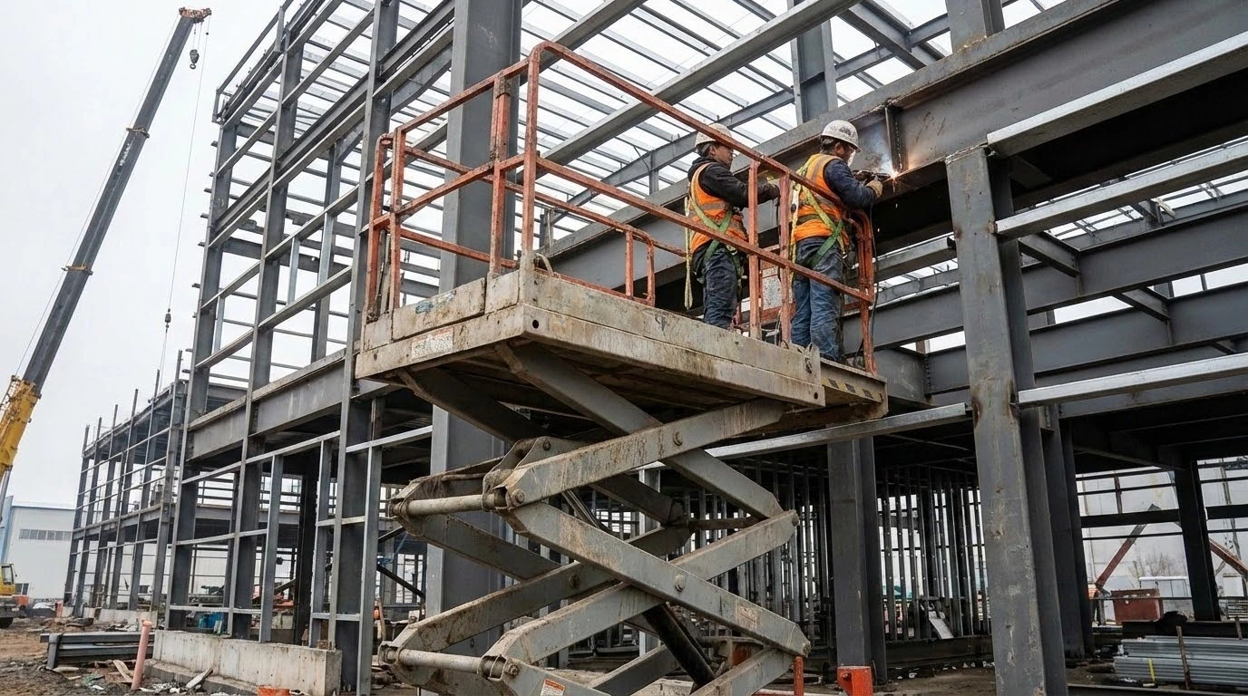 Scissor lift mechanism lifting workers on construction site for elevated maintenance and installation work.