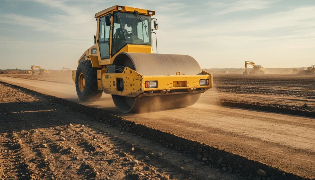 Soil compaction in site preparation using road roller to increase ground stability and support construction load.