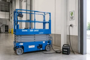 Electric scissor lift charging indoors with charger connected in warehouse environment