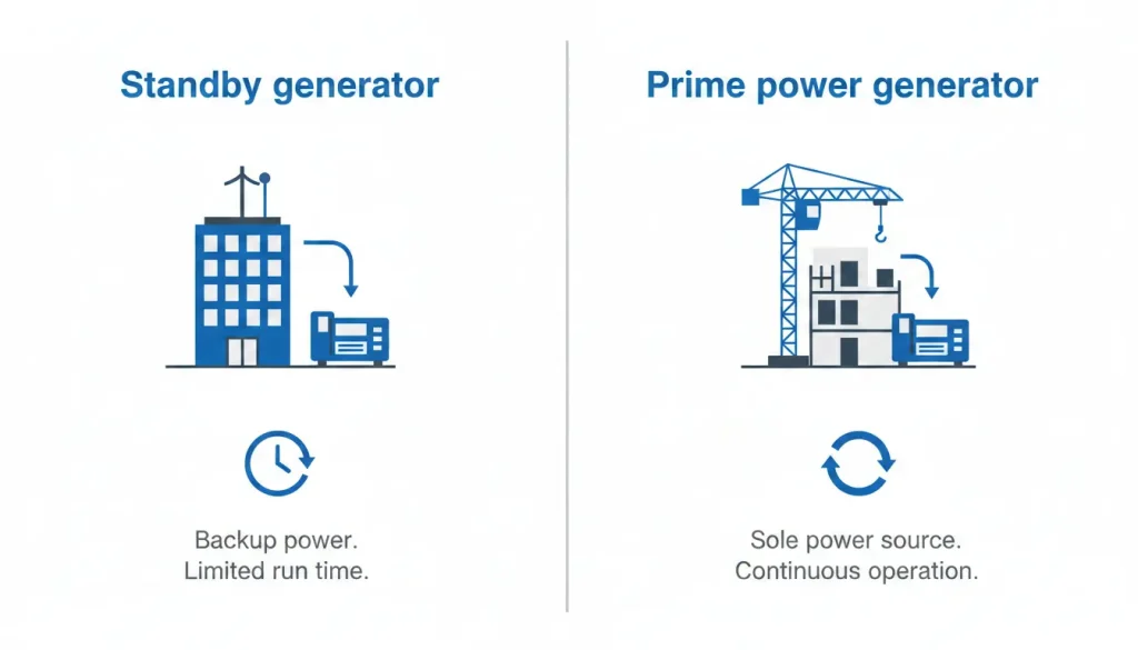 Standby vs prime generator comparison showing backup power systems and continuous power supply applications.