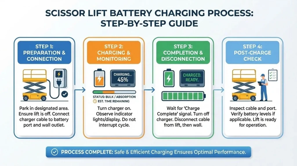Step-by-step scissor lift battery charging process showing safe connection, monitoring, and disconnection steps.