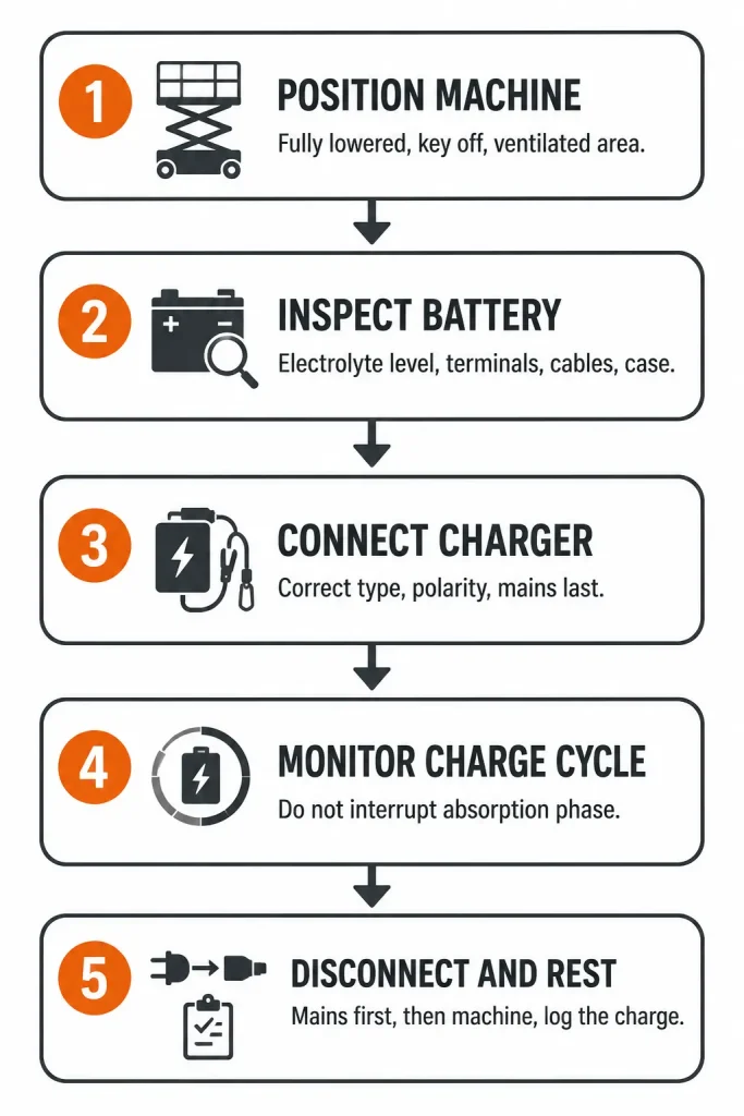 Scissor lift battery charging procedure infographic with five safe charging steps