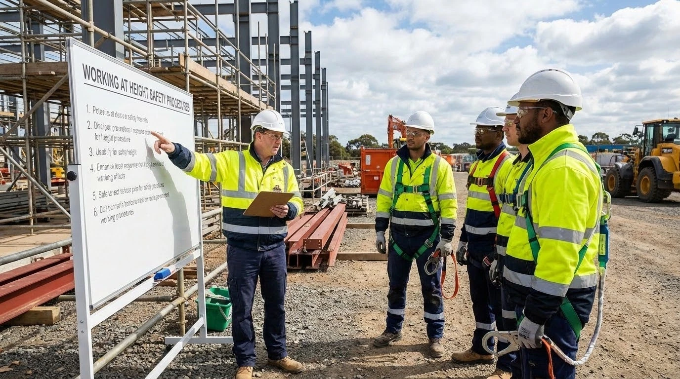 Construction workers receiving safety training on working at height procedures to prevent accidents and improve safety.