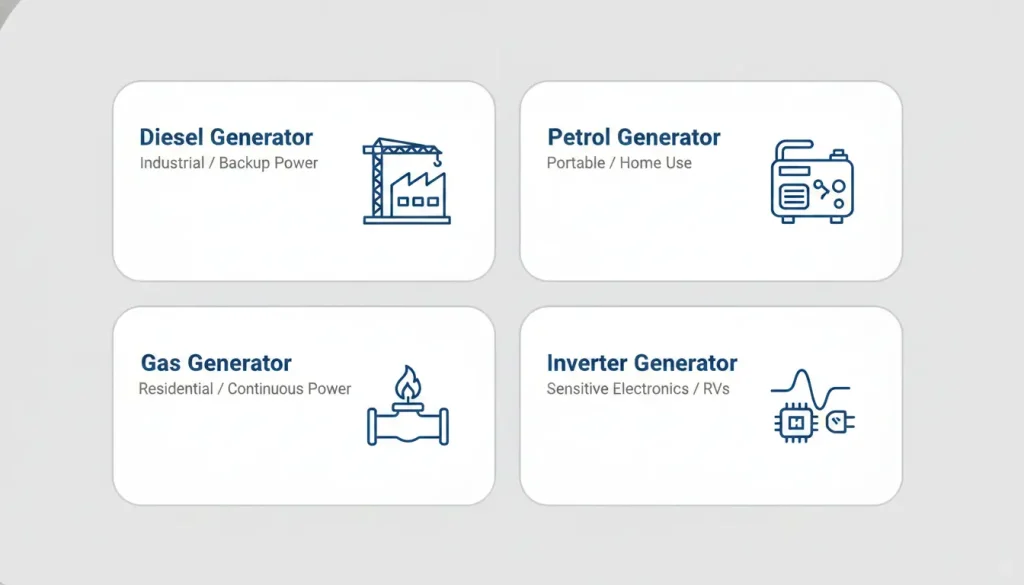 Types of generators including diesel, petrol, gas, and inverter generators for industrial and residential use.