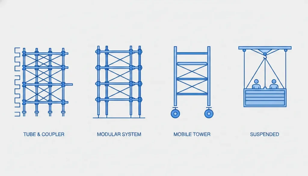Types of scaffolding in construction including tube and coupler, modular system, mobile tower, and suspended scaffold.