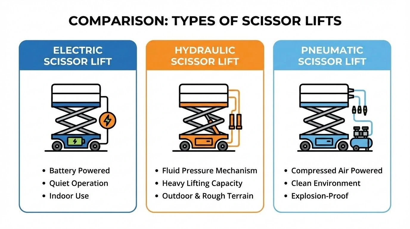 Types of scissor lift mechanism comparison: electric, hydraulic, and pneumatic scissor lifts overview.