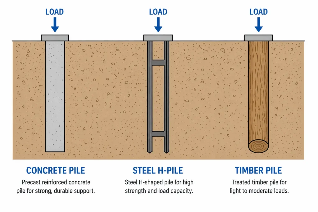 Pile types diagram: concrete pile, steel H pile, timber pile in soil cross section