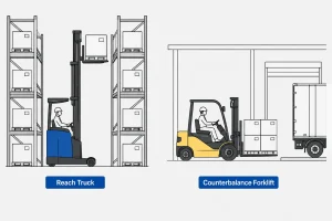 Reach truck in narrow aisle vs counterbalance forklift in open warehouse loading area