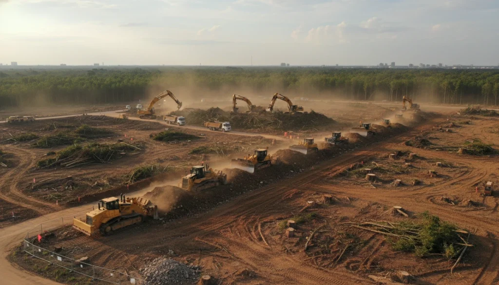 Site preparation in construction with excavators and bulldozers clearing land for development and groundwork.