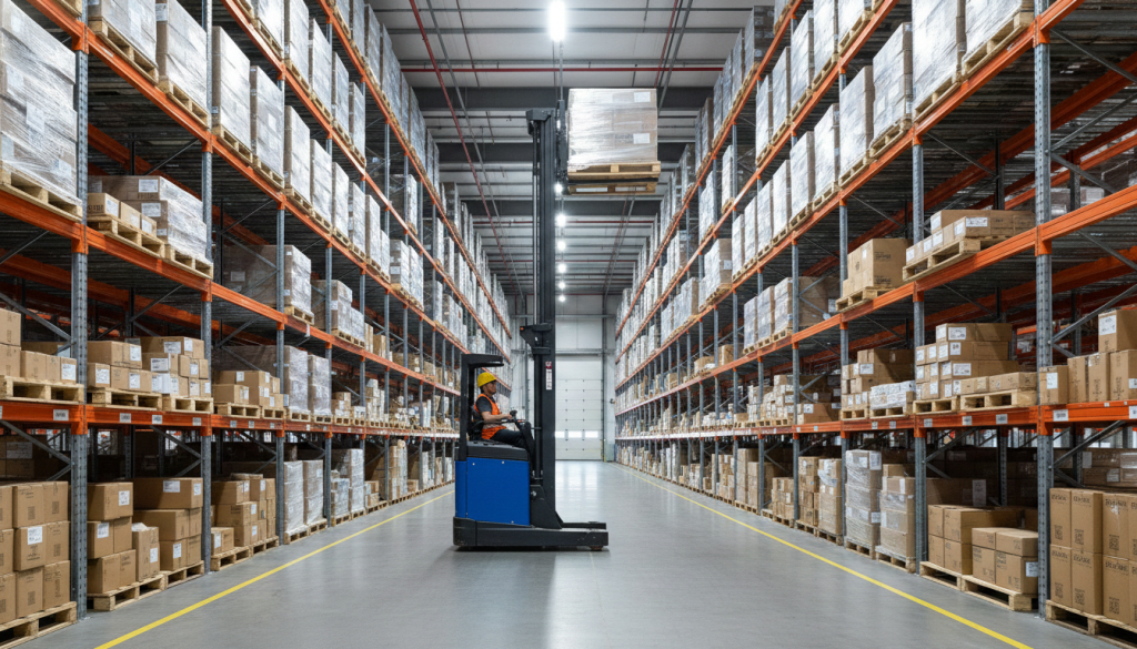 Reach truck operating in narrow warehouse aisles highlighting reach truck vs forklift for high-density storage.