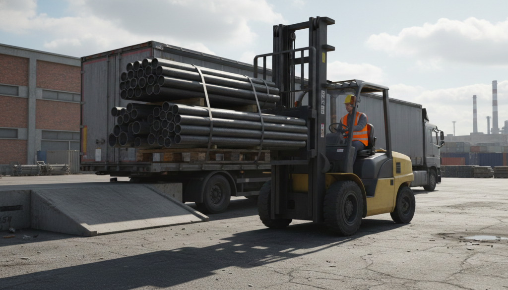 Forklift used outdoors for heavy load transport showing difference in reach truck vs forklift applications.