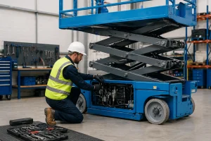 Technician performing scissor lift maintenance checking hydraulic system in workshop
