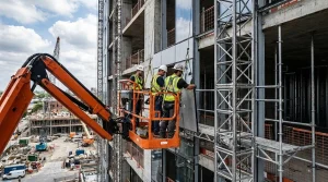 Workers using aerial work platform at construction site for working at height safety and elevated tasks.